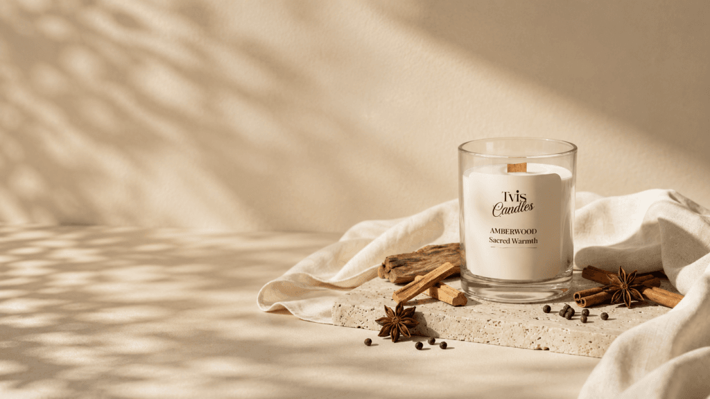 Luxury amberwood soy wax candle with warm home decor