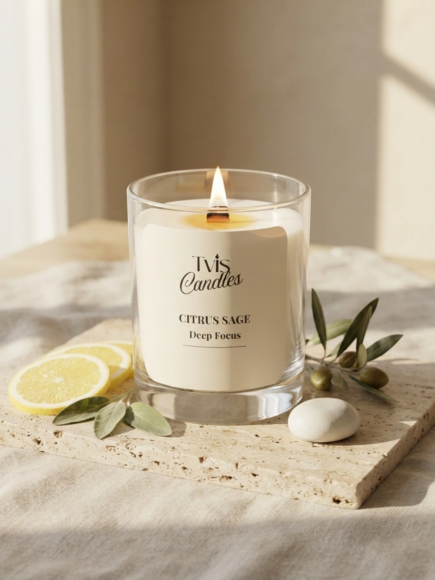 tvis citrus sage lit candle 01 result Citrus Sage Deep Focus handcrafted soy wax candle by TVIS Candles